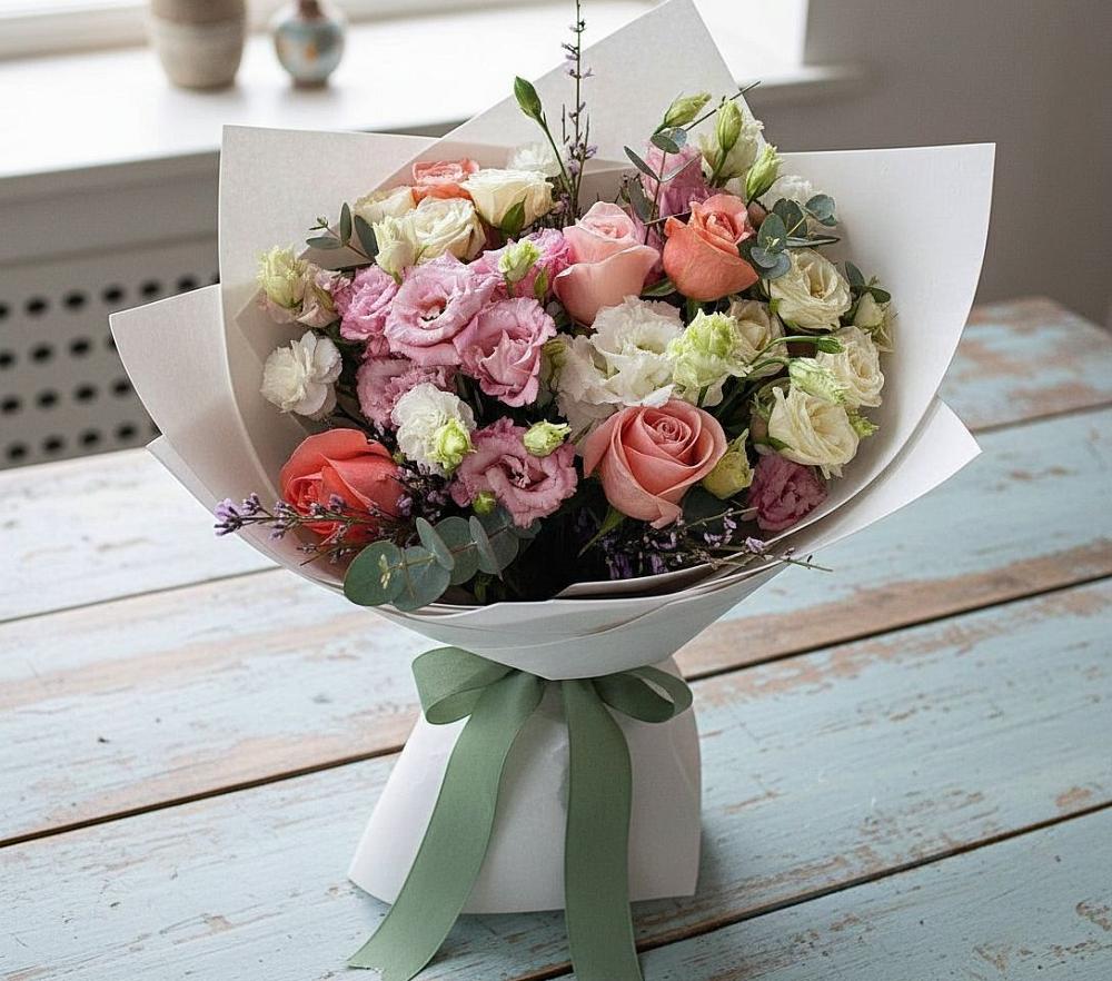 Букет цветов из: Розы, Лизиантусы и Гвоздики в Подкумке