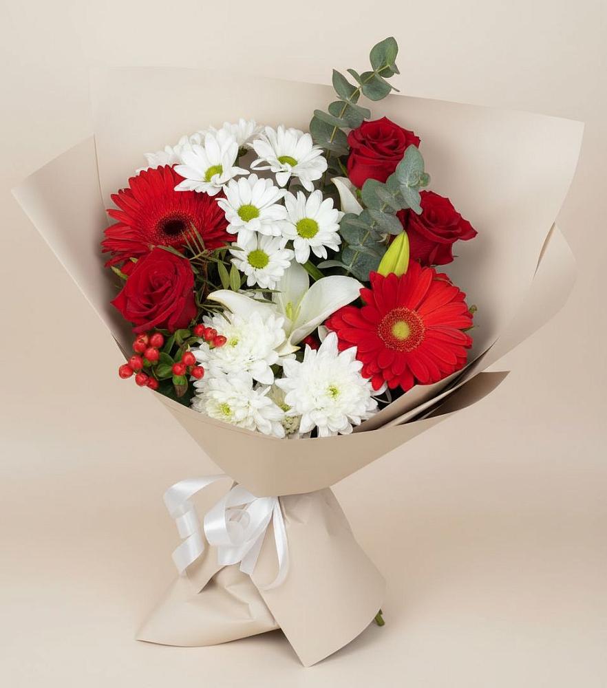 Букет цветов из: Розы, Хризантемы, Герберы и Лилии в Подкумке