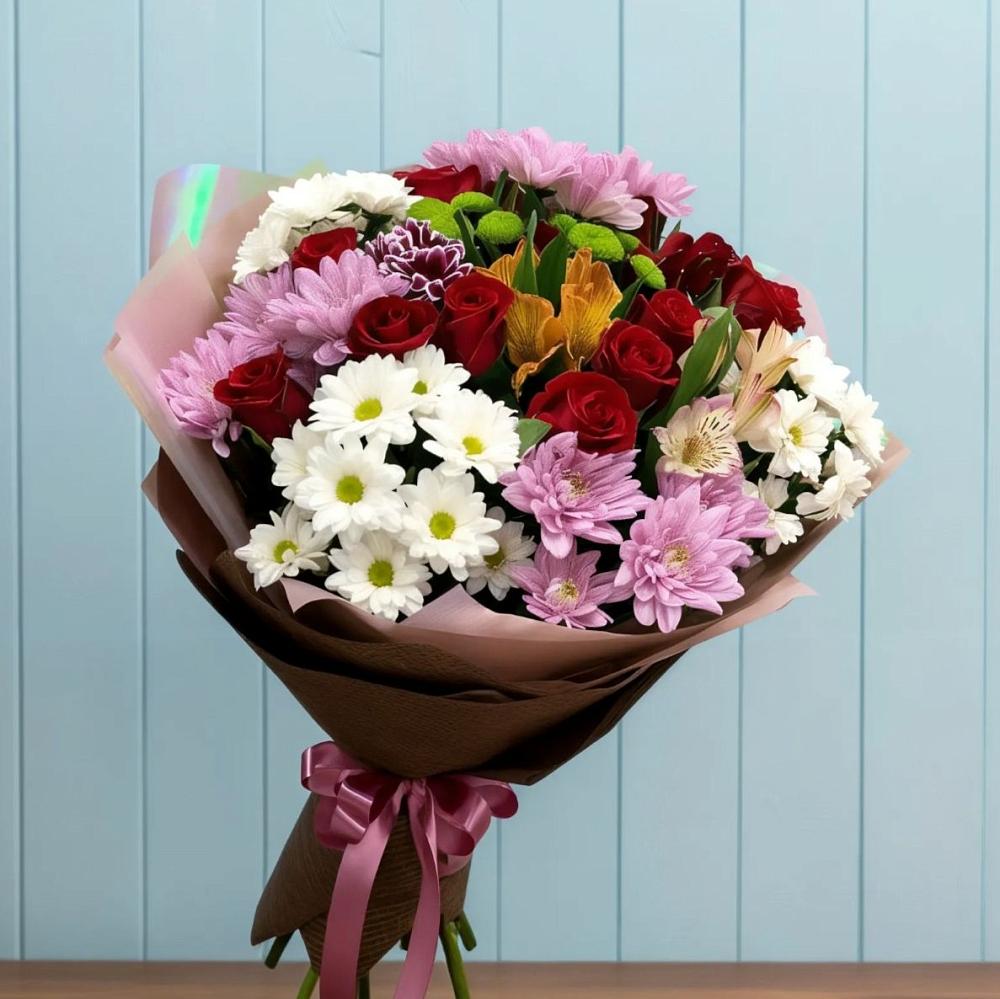 Букет цветов из: Розы, Хризантемы и Альстромерии в Подкумке