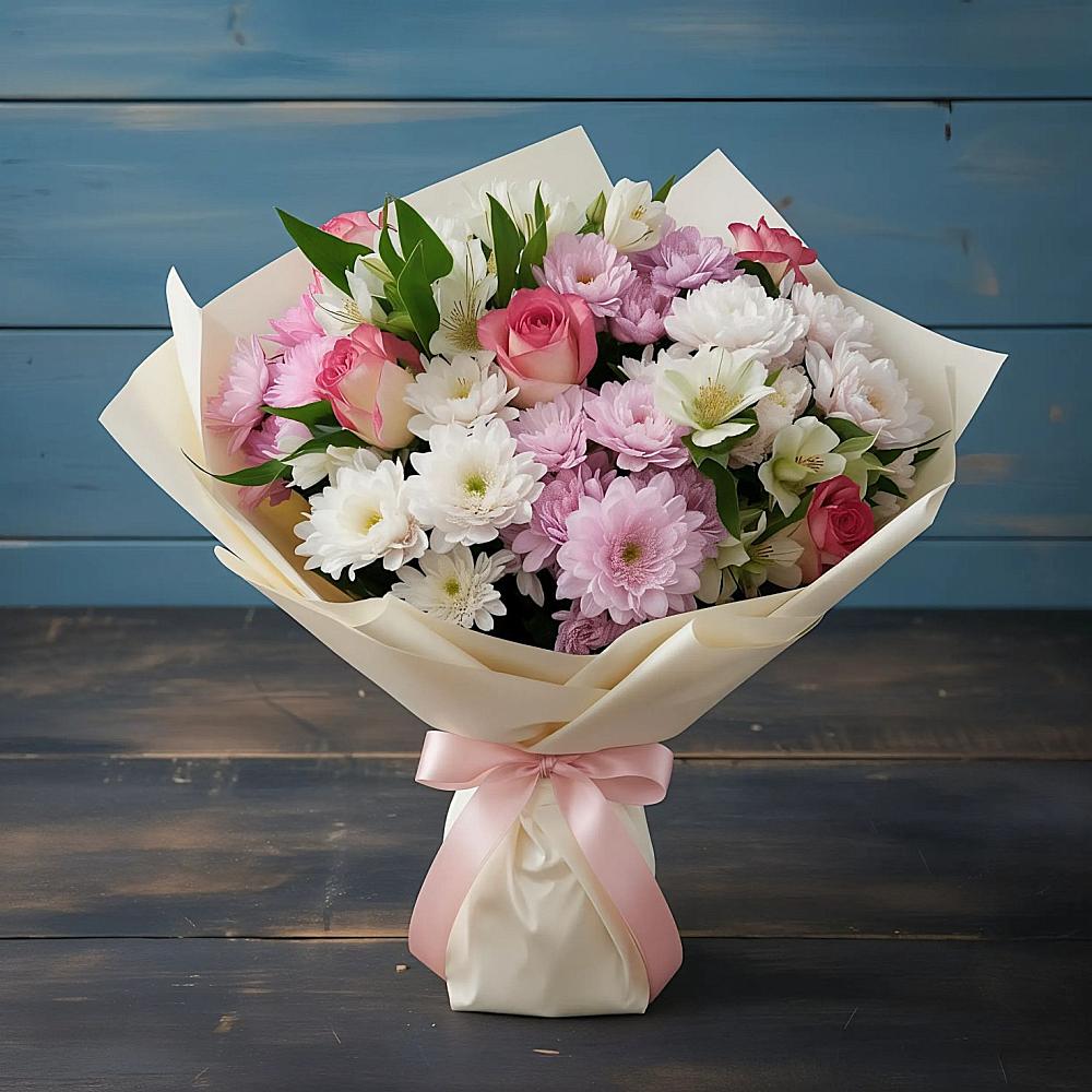 Букет цветов из: Хризантемы, Альстромерии и Розы в Подкумке